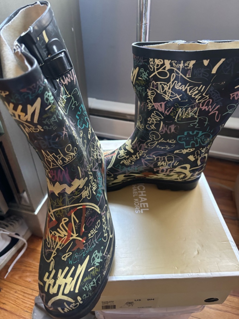 Black Graffiti-Print Rain Boots